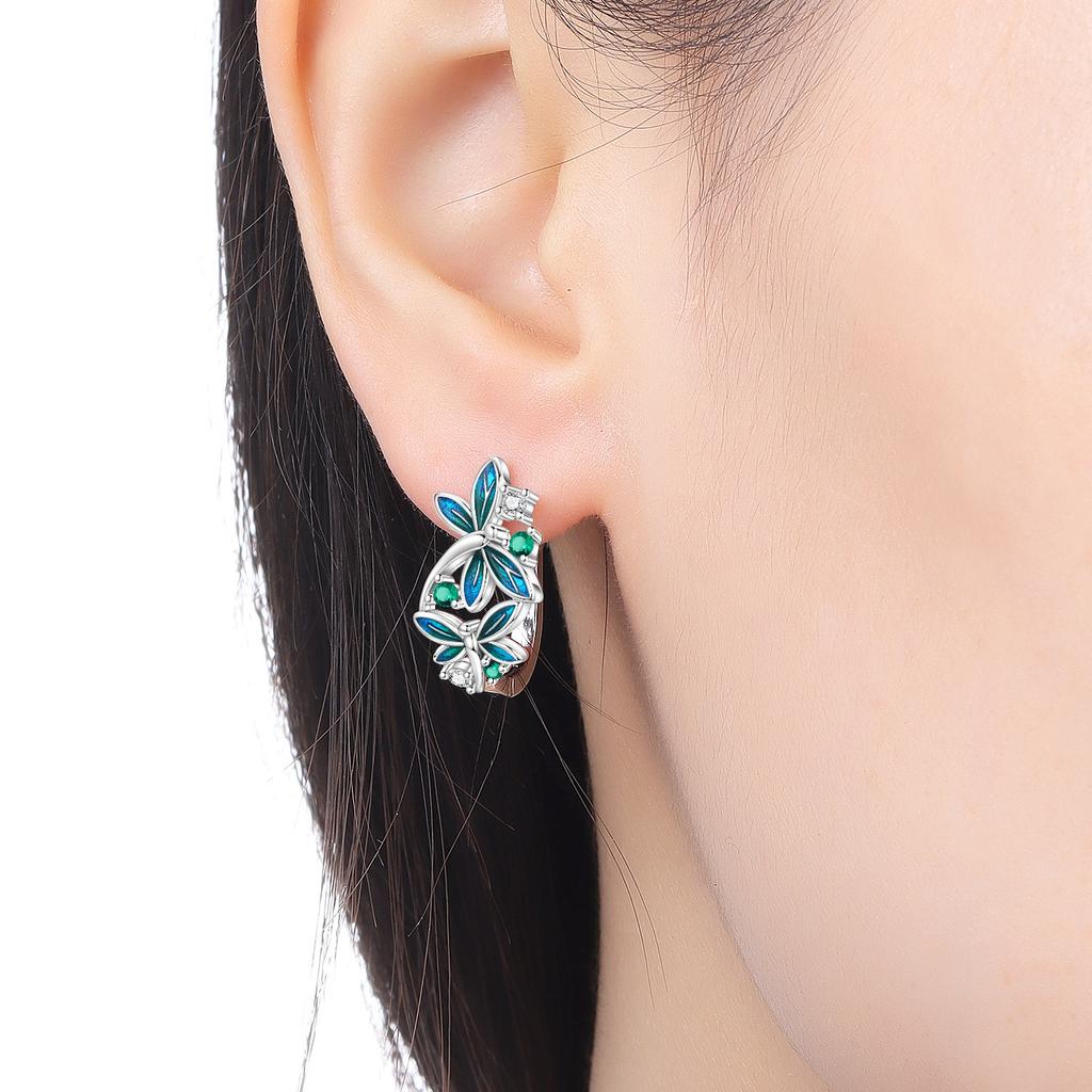 Серьги-кольца из серебра S925 с сине-зеленой стрекозой, женские украшения, модные подарки на годовщину