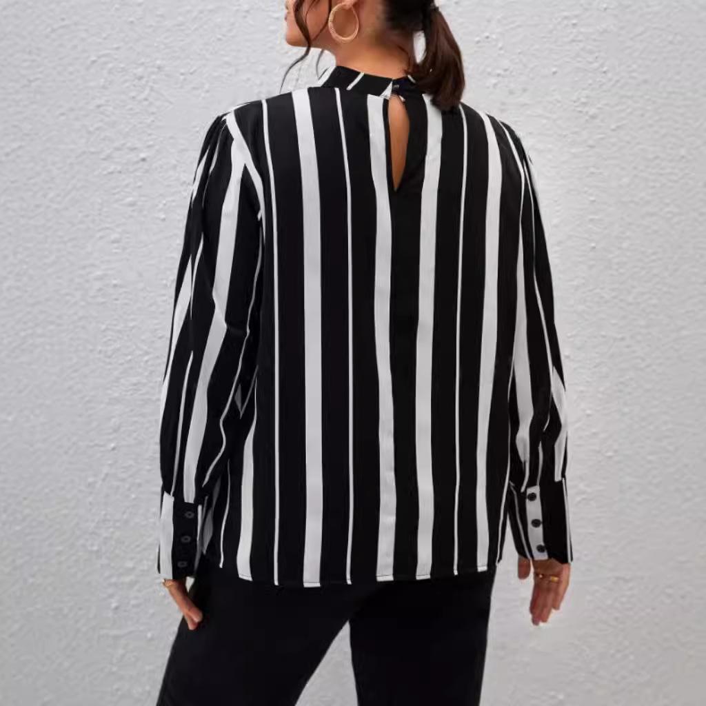 Осенне-зимняя женская полосатая рубашка с круглым вырезом, свободные топы больших размеров