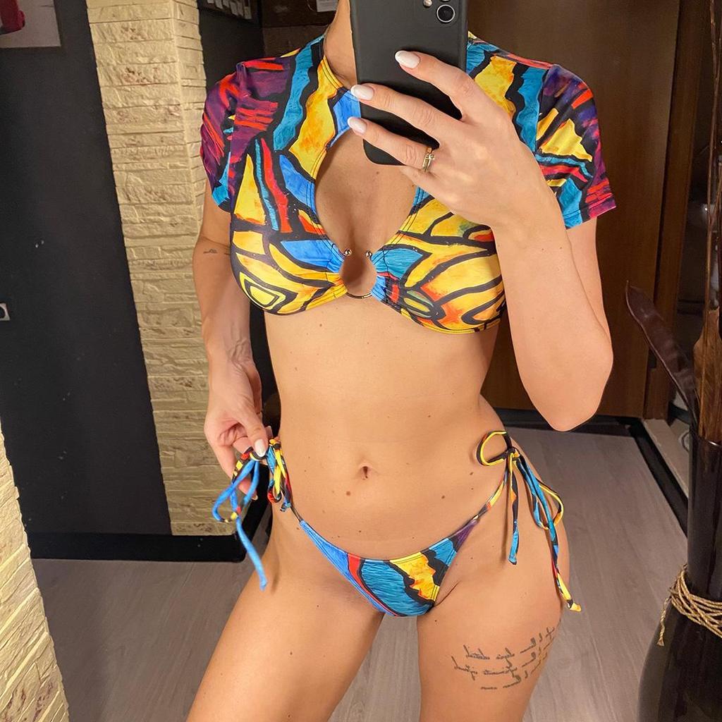 Сексуальный бикини с короткими рукавами и вырезами, женский купальник, женский купальник из двух частей, комплект бикини, купальный костюм для плавания