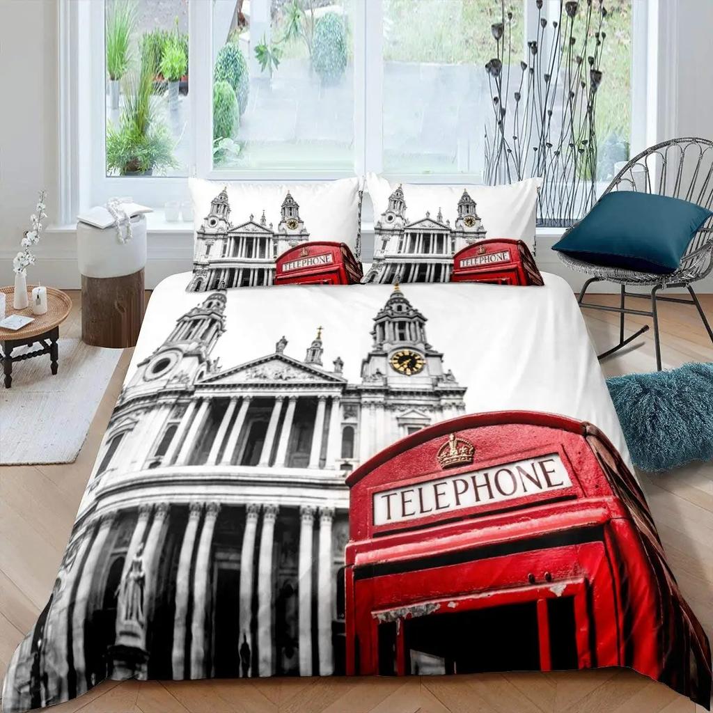 Big Ben Comforter Cover Boys Famous Telephone Booth Bedding Set For Teens Retro London Cityscape Duvet Cover Set With Pillowcase