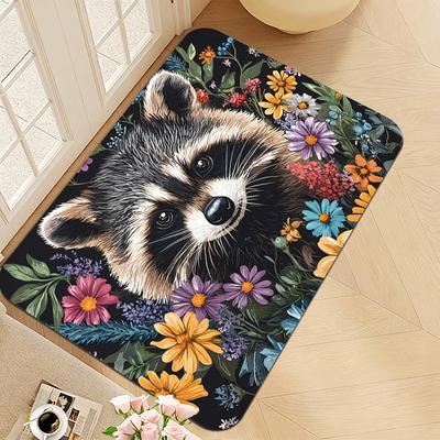1pc Wildflower Raccoon Oil Painting Doormat, Flannel Material, Thick Pile Filling - Sponge Thickness 1.02 Cm, Non-Slip, Wear-Resistant, Machine Washab