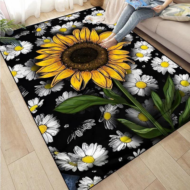 Rose Sunflower Daisy Peach Blossom Carpet Mat Colorful Flower Area Decorative Rugs for Room