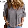 Женские модные повседневные летние весенние однотонные блузки и рубашки с v-образным вырезом и короткими рукавами с принтом