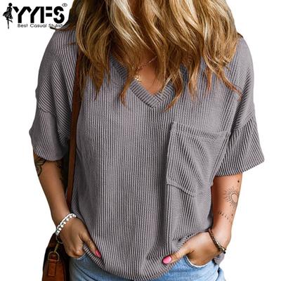 Женские модные повседневные летние весенние однотонные блузки и рубашки с v-образным вырезом и короткими рукавами с принтом