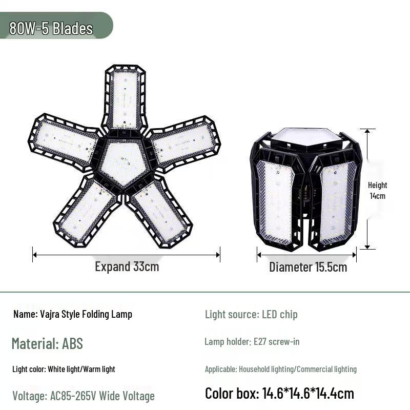 LED Transformable Ceiling Light with 4+1 Folding Bulbs for Garages and Warehouses