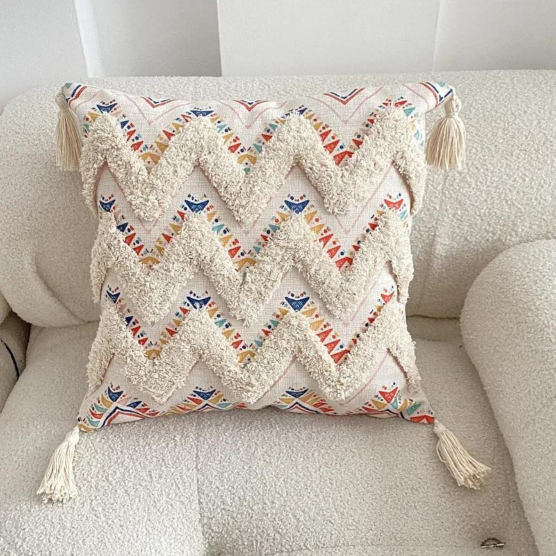 45x45cm Boho Tufted Throw Pillow Cover with Handwoven Stripes Tribal Bohemian Cotton Hand Woven Tufted Square Cushion Covers