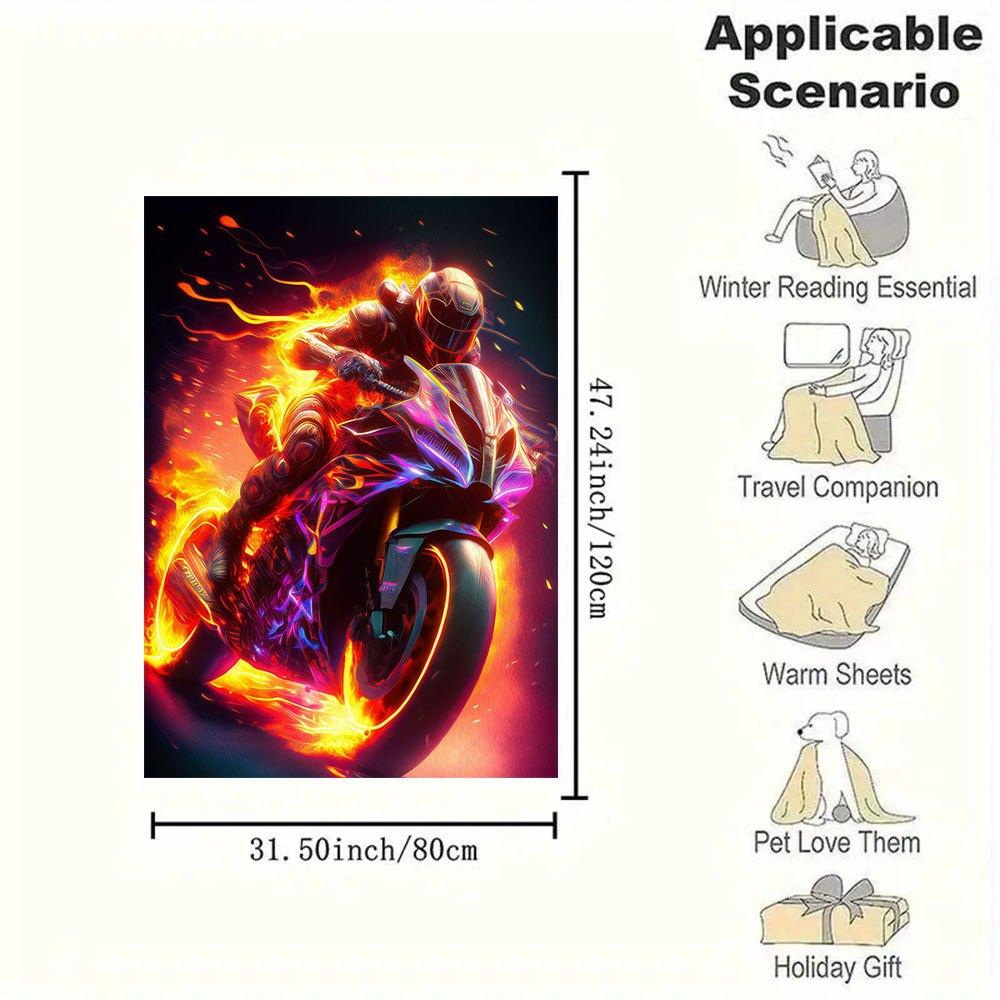 "Flaming Speed: Neon Motorcycle Art Print"Blanket Flannel Throw Blanket for Sofa, Bed, Travel, Camping, Office, Couch, Chair, And Bed Gift f