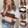 Модный женский повседневный свитер в полоску с v-образным вырезом в стиле пэчворк, блузка с длинными рукавами, топы