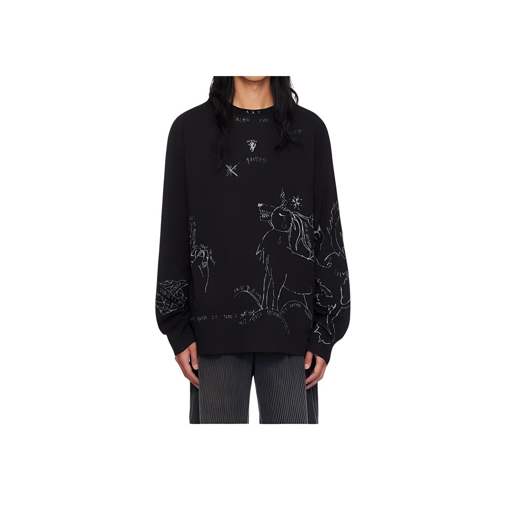 We11done Graphic Print Crew Neck Long Sleeve T-Shirt Men tops Black WD-TT2-24-756-U-BK