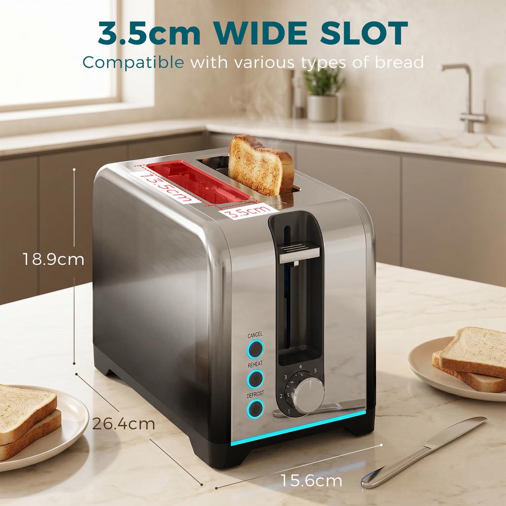 2 Slice Toaster with 7 Browning Levels, Reheat, Defrost and Cancel Functions