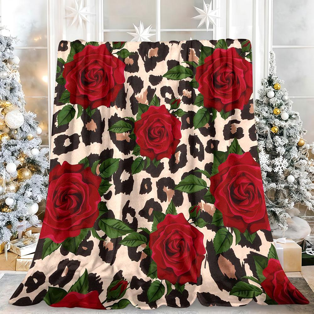 Leopard Roses Glam Winter Summer Flannel Blanket Throw Fleece Soft Fuzzy Plush Cozy Fleece Blankets for Sofa Ideal Gifts