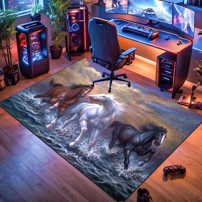 Three Running Horses Sea Wave Oil Painting Print Area Rug Wildlife Non Slip Rectangular Floor Mat Horse Lover Gaming Room Living Bedroom Decor Rug