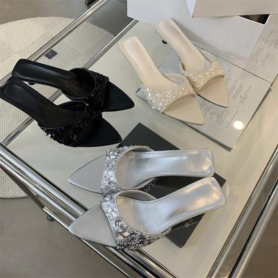 Шлепанцы с рыбьим носом женские туфли со стразами остроносые модные черные пляжные новые сандалии с пайетками на высоком каблуке серебристые сандалии