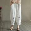 Women Casual Harem Pants Summer Vintage Flower Embroidered Cotton Bloomers Female Ankle Length Lantern Pants