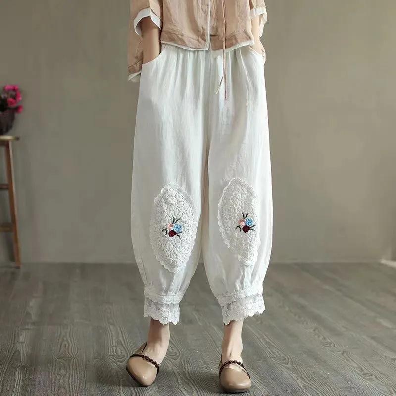 Women Casual Harem Pants Summer Vintage Flower Embroidered Cotton Bloomers Female Ankle Length Lantern Pants