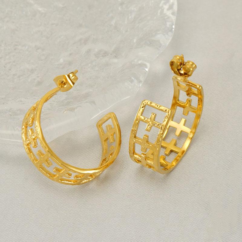 New fashion stainless steel cross hollow earrings design sense niche versatile earrings