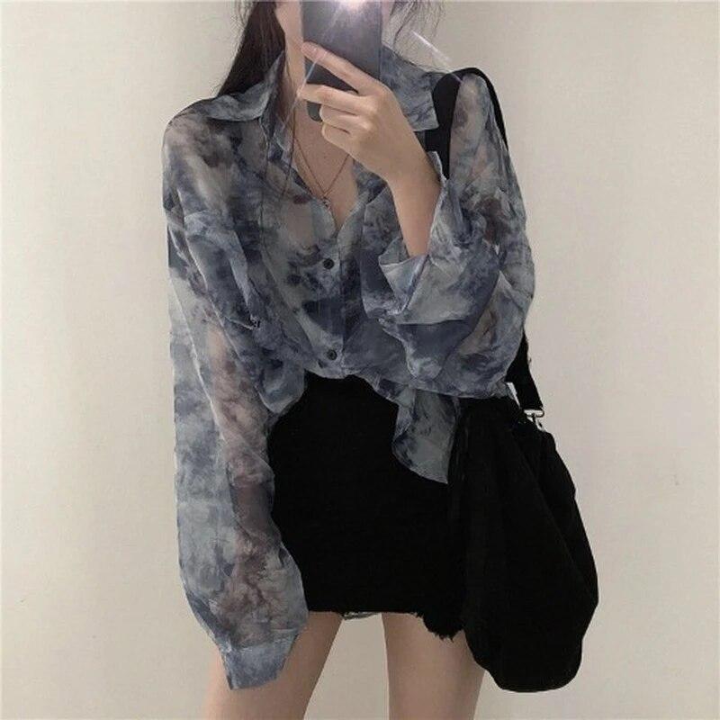 Shirts Women Fashion Tie Dye Harajuku Gothic Top Loose Casual Clothes Sun-proof Embroidery All-match Summer Holiday