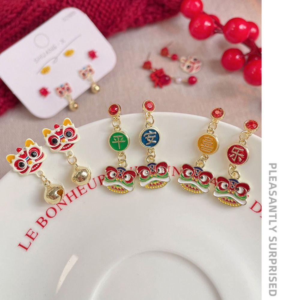 Festive Bell Pendant Earrings Chinese Style New Year Earrings Jewelry Red Little Lion Earrings