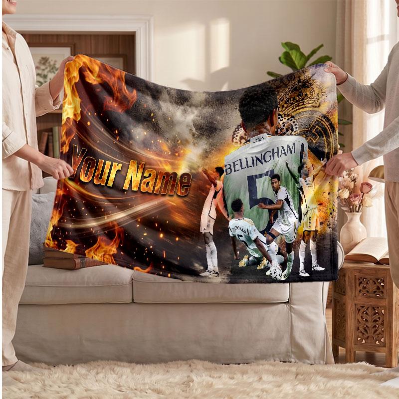 Jude Bellingham Personalized Fleece Blanket With Football Logo, Custom Name Text Soft Warm Home Throw Blanket