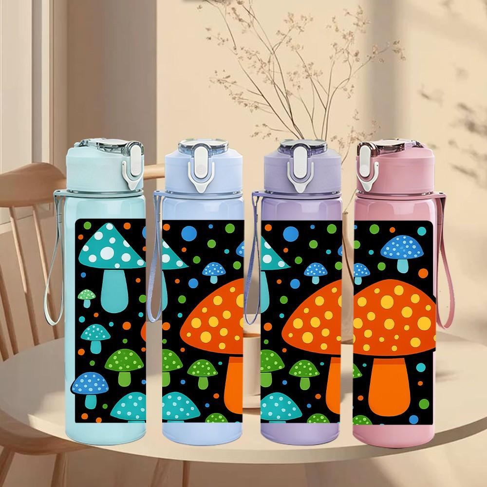 1PC Colorful Mushroom Fantasy Cartoon Print 750ml Color Plastic Sports Water Bottle Leakproof Flip Straw Lid Suitable for Sports Office Home Use