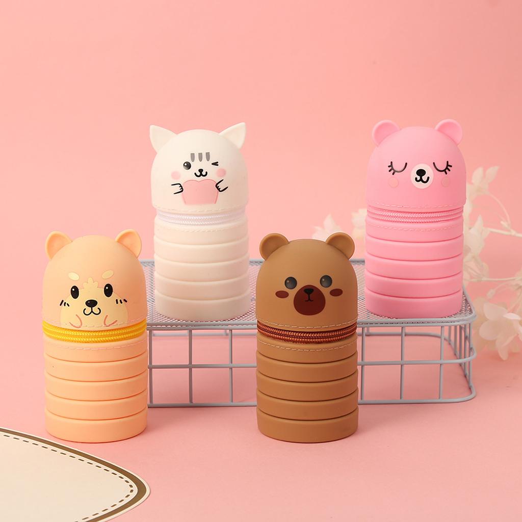 2Pcs Cartoon Pencil Holder Telescopic Silicone Pen Bag Pencil Pouches Zippered Pen Case Collapsible Pen Pencil Holder