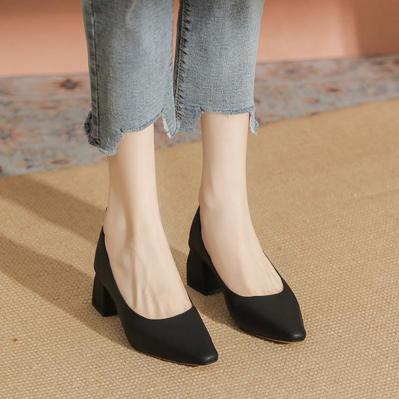 Мягкая кожа, не устают ноги, квадратный носок, высокий каблук, средний каблук, толстый каблук, туфли-лодочки, женские туфли для бабушки, новые