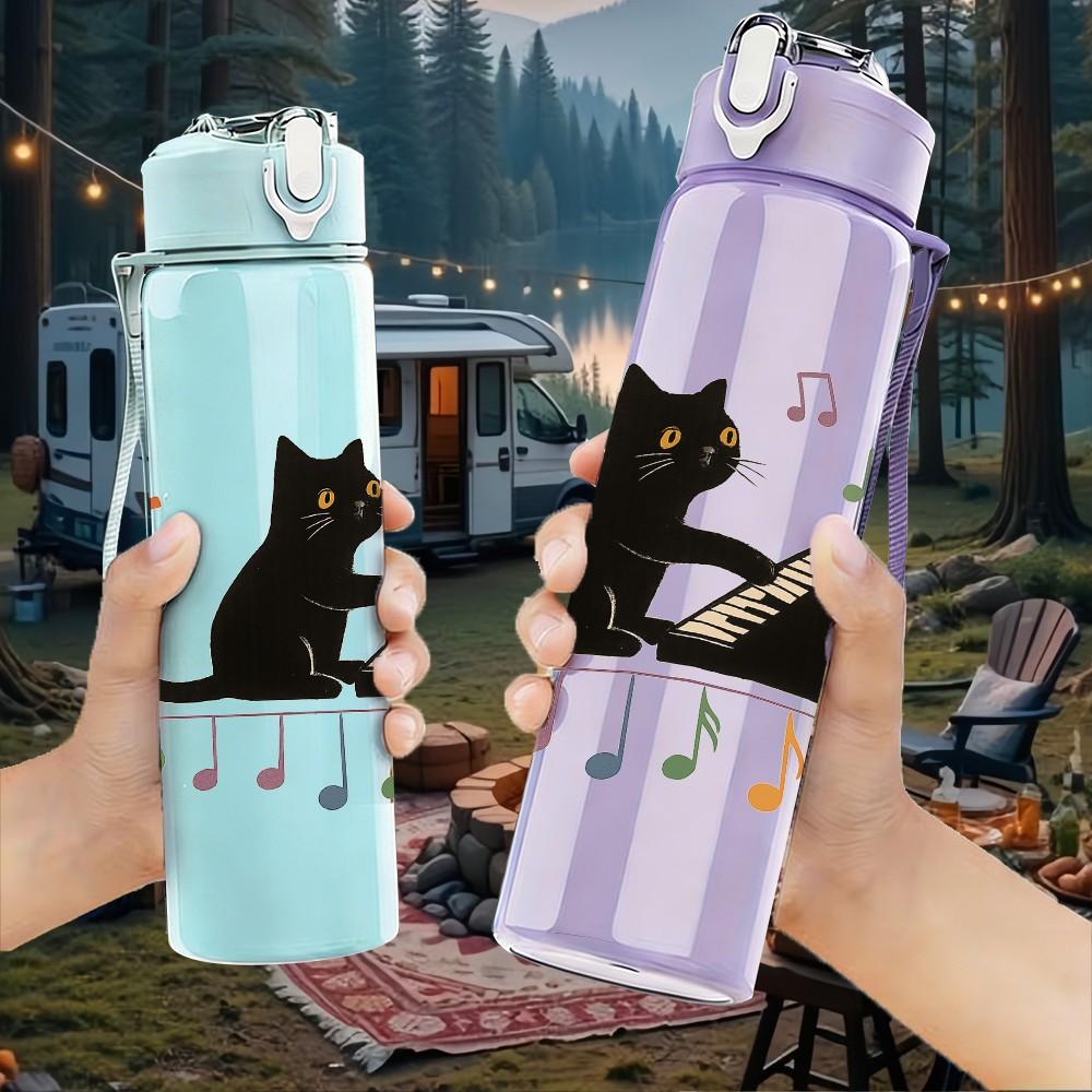 1PC Two Cats Playing Musical Note Print 750ml Color Plastic Sports Water Bottle Leakproof Flip Straw Lid Suitable for Sports Office Home Use