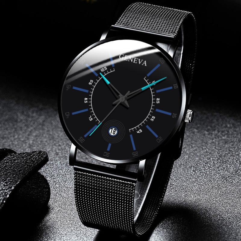 Geneva Mens Watches Balck Ultra Thin Stainless Steel Mesh Band Calendar Quartz Wristwatches Relogio Masculino reloj mujer