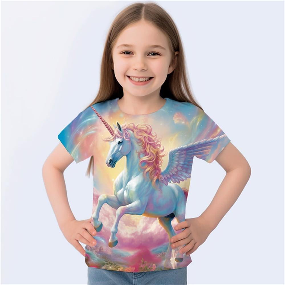 2025 Футболка с принтом животных и лошадей 3D для девочек, милые футболки для девочек, детская подарочная футболка с коротким рукавом, повседневный топ, детская одежда
