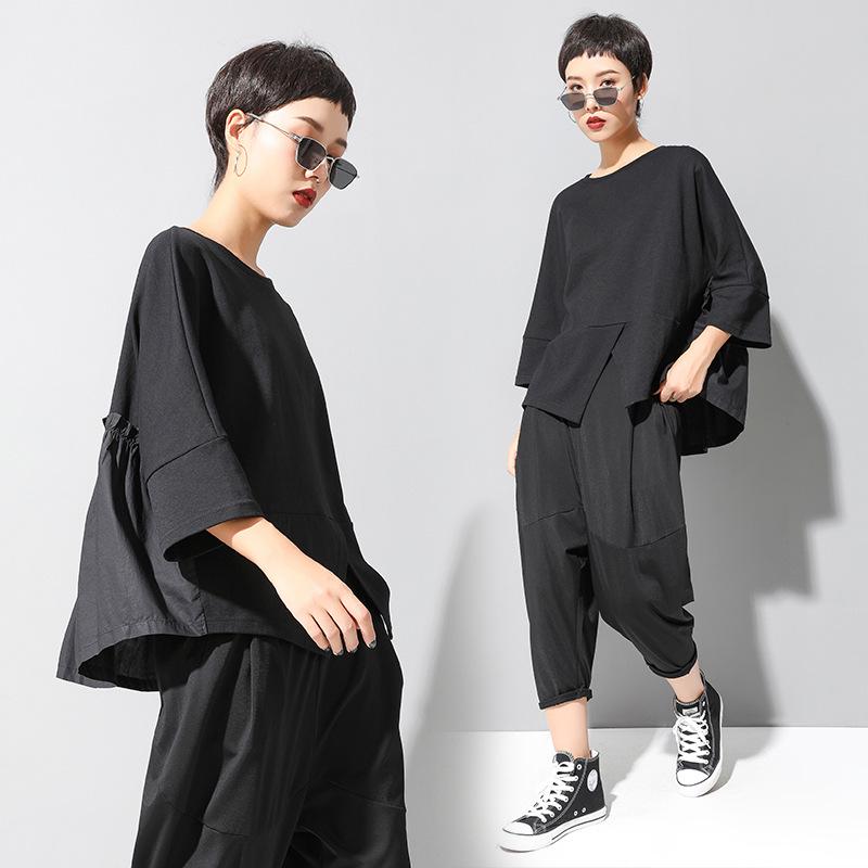 Женская темная футболка в стиле пэчворк 'Европейский и американский', бэби-долл - с коротким рукавом, свободного кроя, модный повседневный летний топ