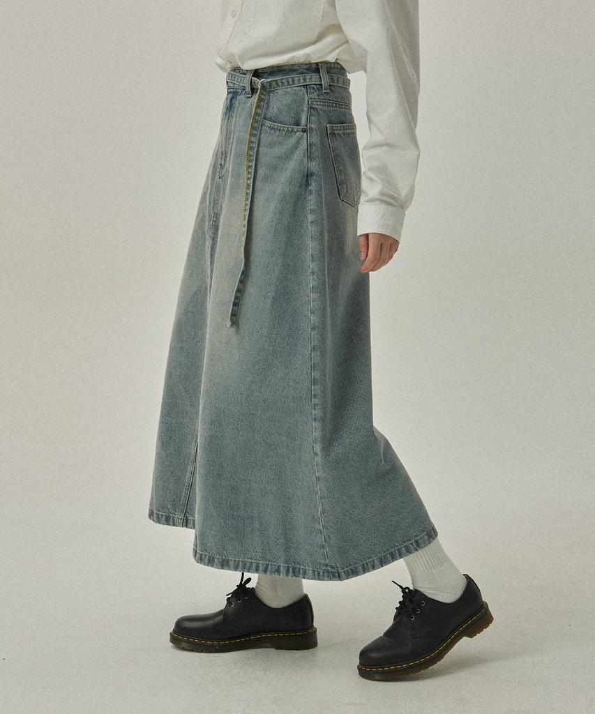 Mc Wood Gun Lon As 7996 Belted Fadewash Light Indigo Denim Long Skirt