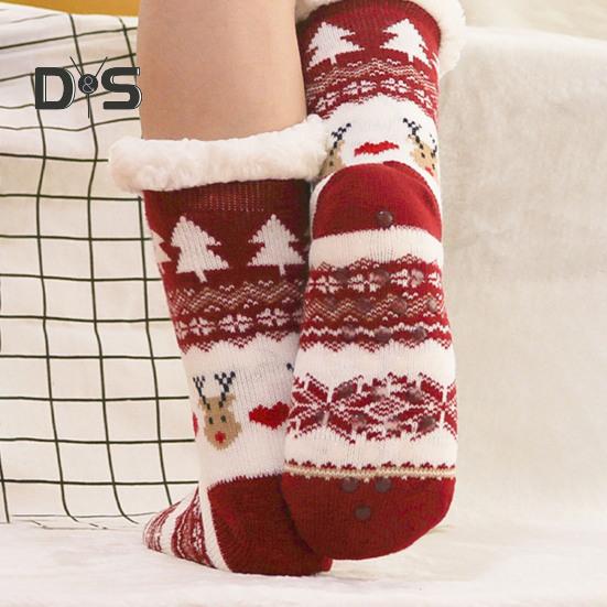 1 Pair Winter Floor Socks Thickened Fuzzy Plush Warmth Retention Christmas Elk Snowflake Print Leg Warmer Silicone Bottom Fall Winter Floor Socks