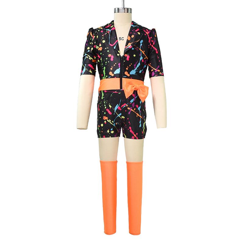 MiDee Abstract Colorful Hip Hop Dance Jumpsuit for Girls Children with Bow and Includes Separate Bra for Stage Performance
