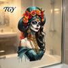 Halloween Glass Window Clings Mexican Katrina Skeleton Girl Wall Sticker, Day of The Dead Artistic Stickers Portrait Decal, Waterproof PVC Cling
