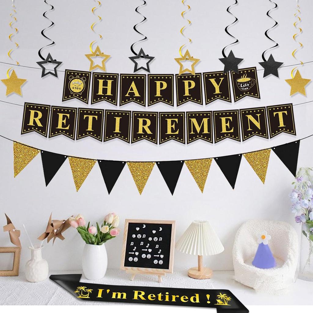 Retirement Party Decorations Black and Gold Happy Retirement Banner Gold Glitter Pennant Flag Banner Star Hanging Swirls and Sash Retired Party