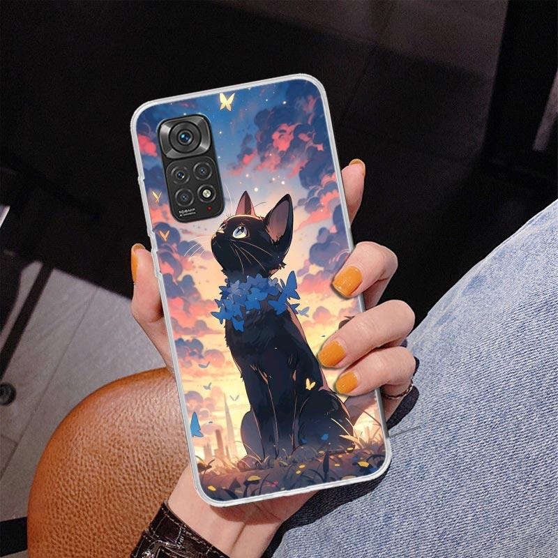Милый черный кот Мяу Аниме Чехол для телефона Для Xiaomi Redmi Note 15 14 13 12S 12 11 Pro Plus 14S 11S 11E 10 10S 11T 5G Персонализированный Co
