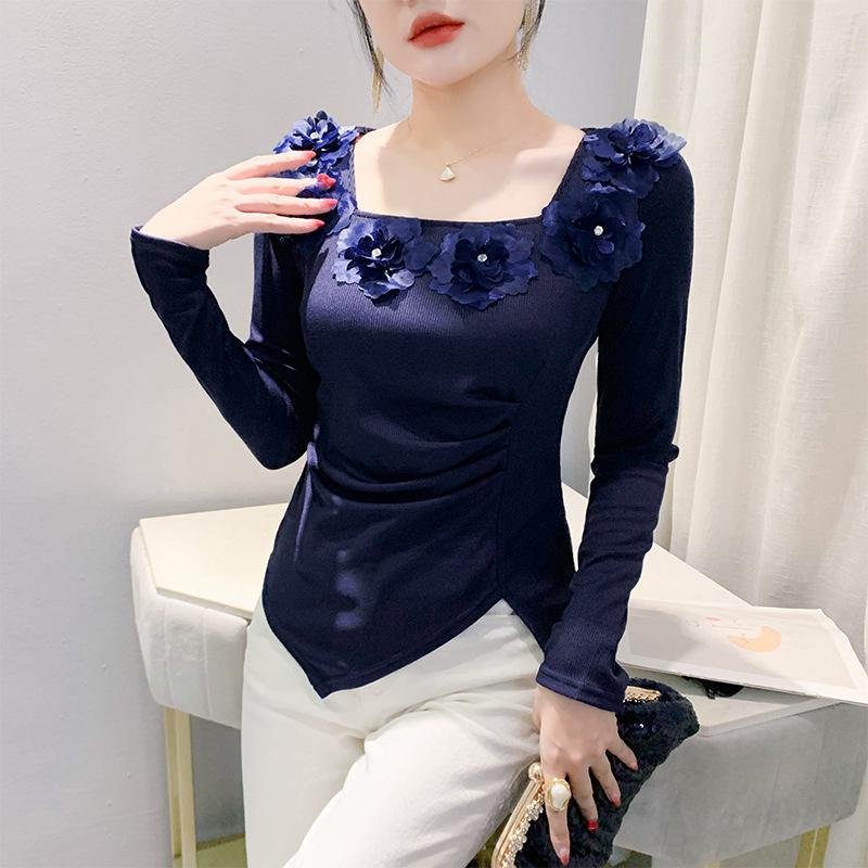 Женский топ с квадратным вырезом в новом зимнем стиле, футболка с длинными рукавами и нерегулярным разрезом, универсальная базовая футболка