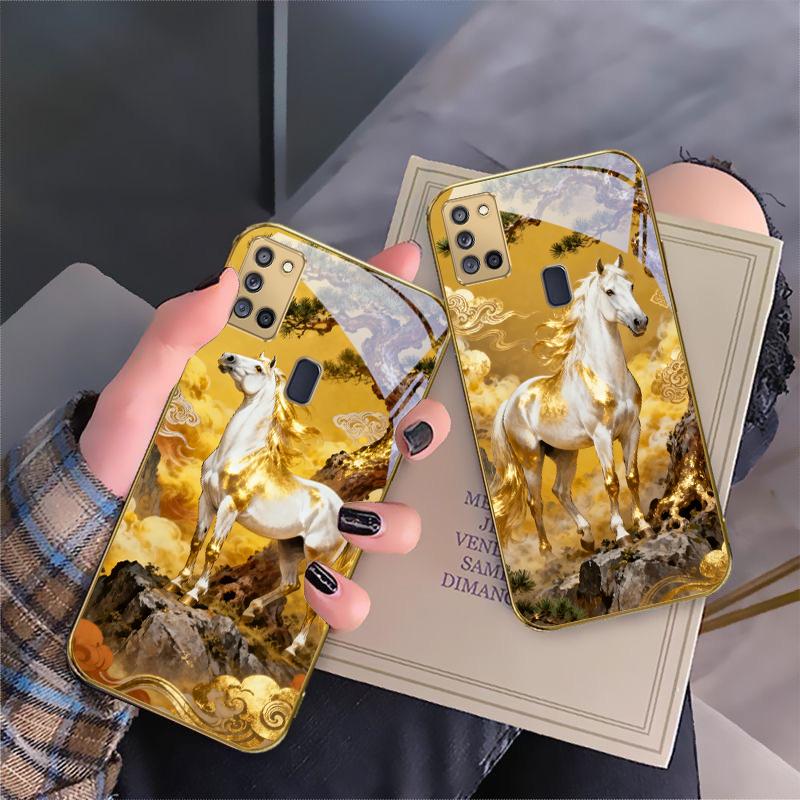 Высокая и крепкая лошадь Для Samsung A 31 32 A33 A34 35 14 A15 13 A16 25 26 50 52 53 54 55 56 70 71 72 73 Золотой стеклянный чехол для телефона
