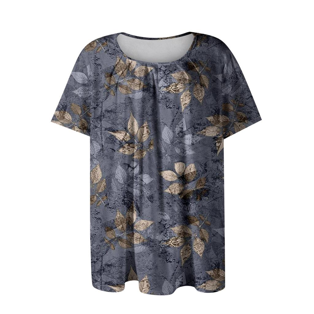 Plus Size Women's Casual Round Neck Pleated Short Sleeve Color Top