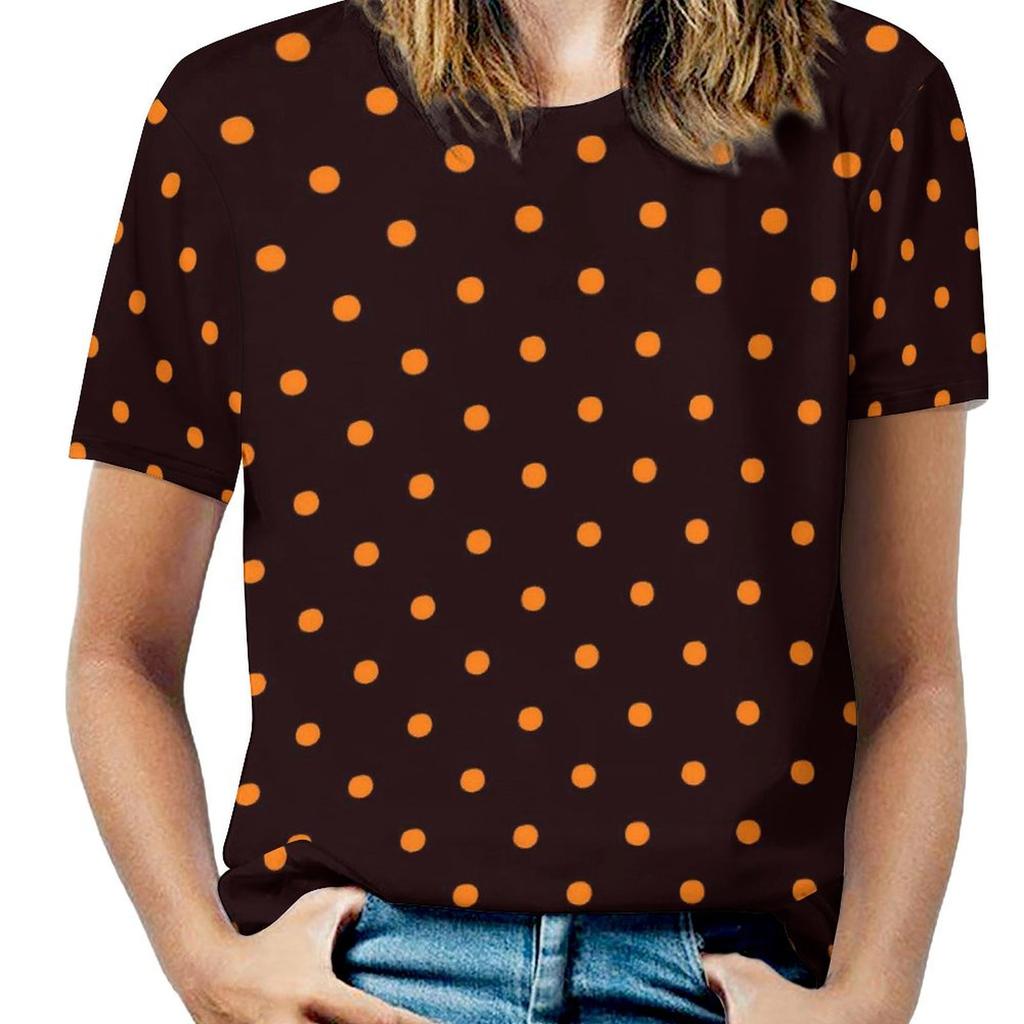 Черно-белая футболка в горошек с круглым вырезом и ретро-принтом, свободные футболки с коротким рукавом, футболки в уличном стиле для женщин, топы с пляжным дизайном