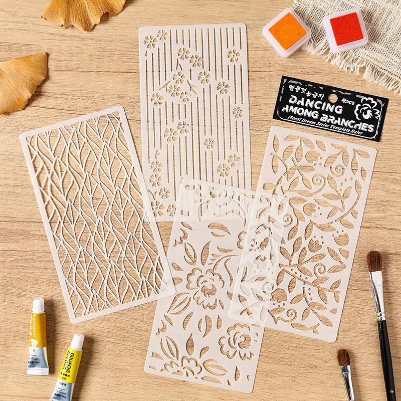 Набор из 4 шаблонов трафаретов с цветочным узором, полые, для рисования, для распыления краски, раскрашивания, рукописных плакатов, поделок, журнала