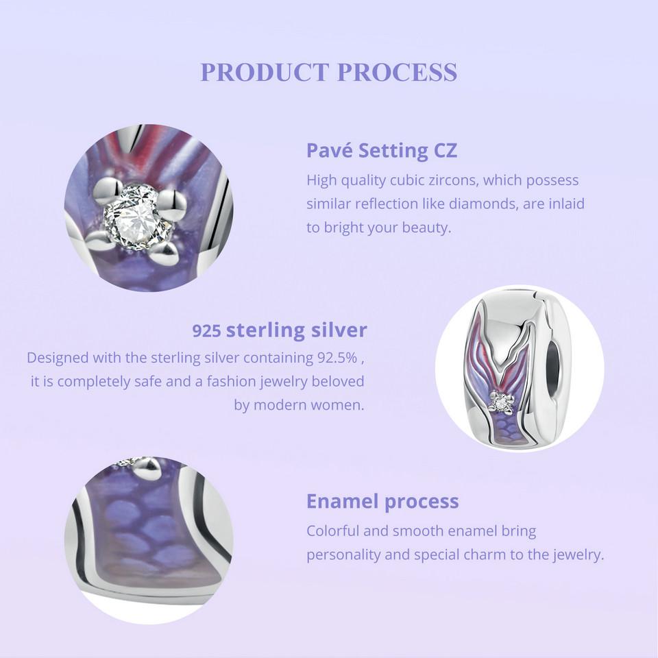 BAMOER Dainty 925 Sterling Silver Dreamy Mermaid Charm Fish Tail Silicone Spacer Bead Charm for Women Fit Original Bracelet