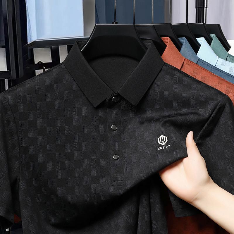 Summer Men's Plaid Printed Polo Shirt High-End Brand Business Leisure Seamless Short Sleeved Cool Lapel T-shirt Men's Clothing