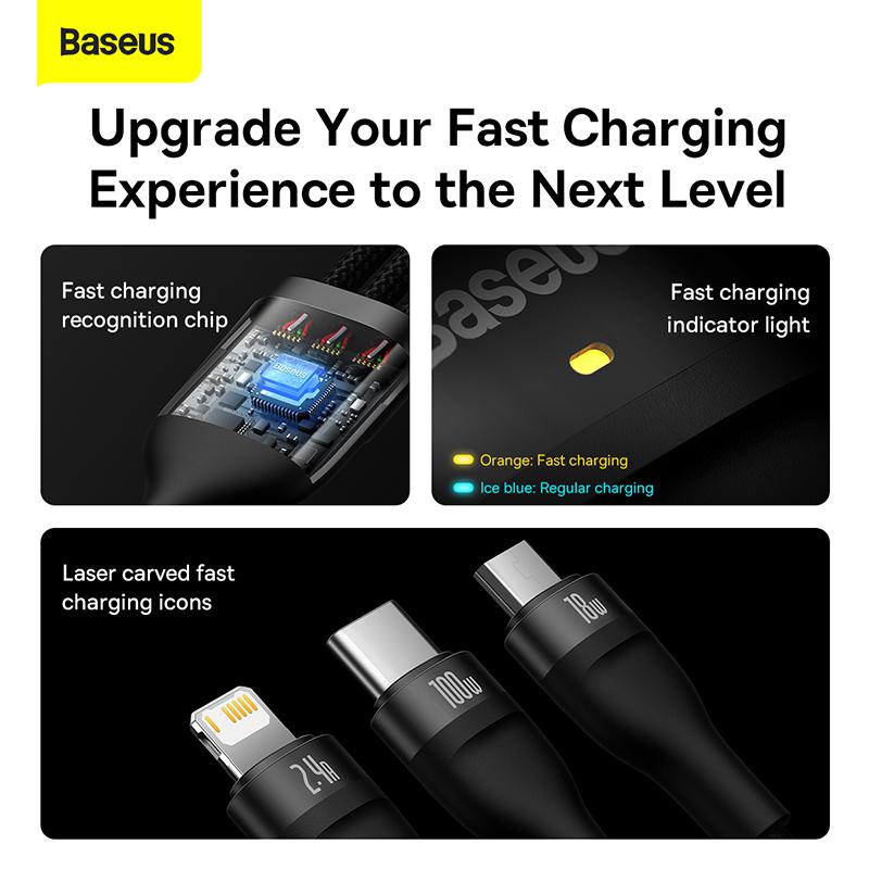 Baseus Flash Series One-for-three Fast Charging Data Cable USB To M+L+C 100W