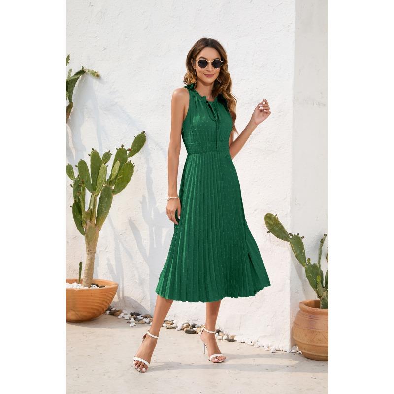 Tie High Waist Pressure Pleated Sleeveless Summer Casual Vacation Travel Dresses