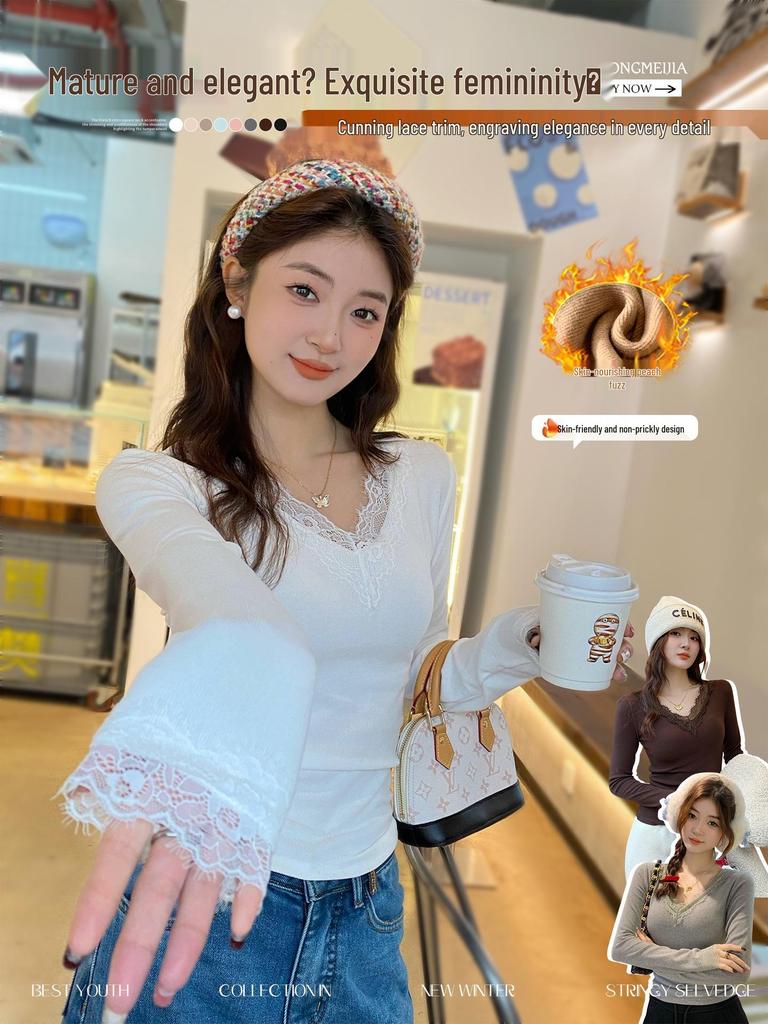 Женская футболка с V-образным вырезом, кружевной отделкой, облегающего кроя, с длинными рукавами и начесом (Коллекция Ранней Осени 2025)