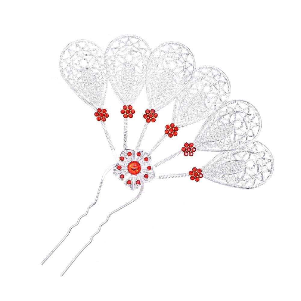 Metal Thai Style Leaf Hair Stick Golden Ethnic Headdress Jewelry Rhinestone Flower Hairpin Party