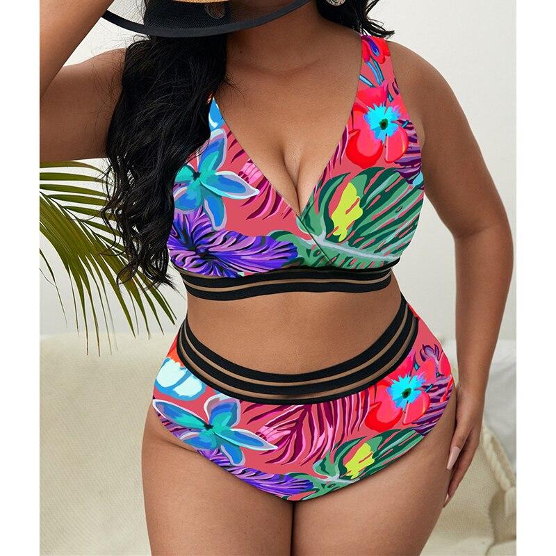 New 4XL Plus Size Swimsuits 2 Pieces Set Women High Waist Push Up Bikini Sets Flower Print Summer Large Bathing Suits