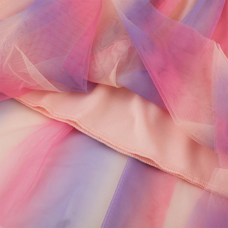 «Новое летнее платье принцессы для девочек 2024 года из трикотажной сетки с короткими рукавами»