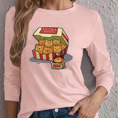Топы для женщин с принтом кота бургера, круглым вырезом и длинным рукавом, футболка, осенний повседневный тонкий пуловер, женский топ с длинным рукавом